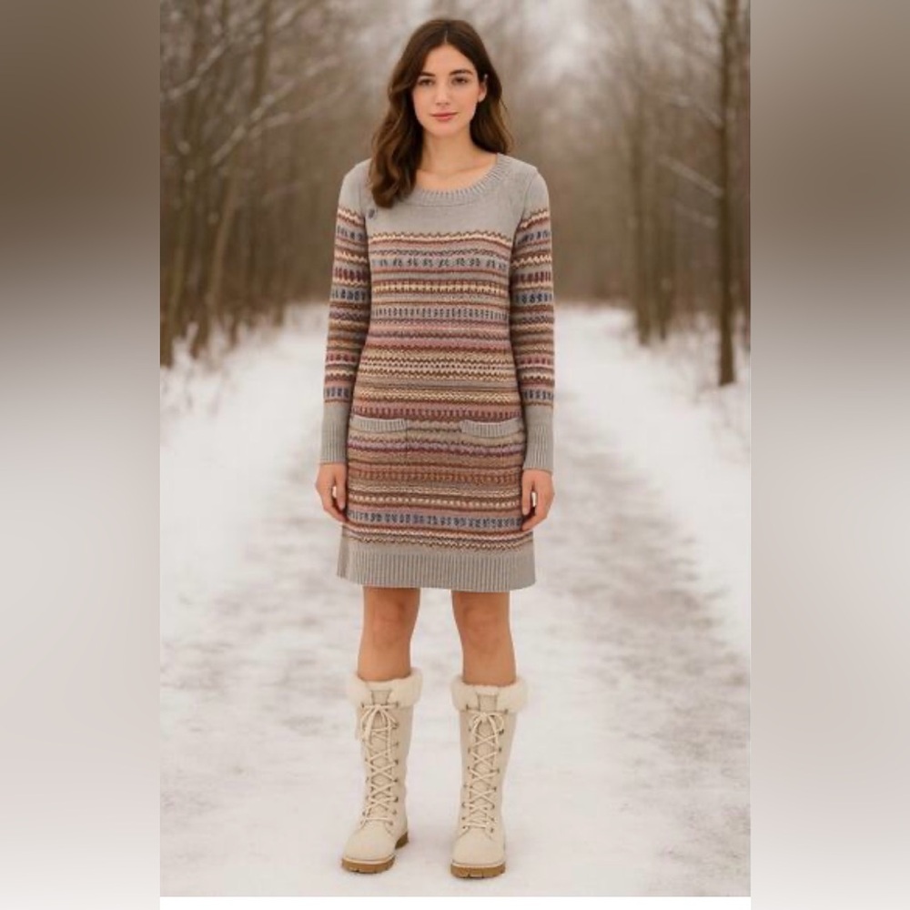 Sundance Elise Lighthouse Fair Isle Sweater Dress Wool Blend Grey Size L